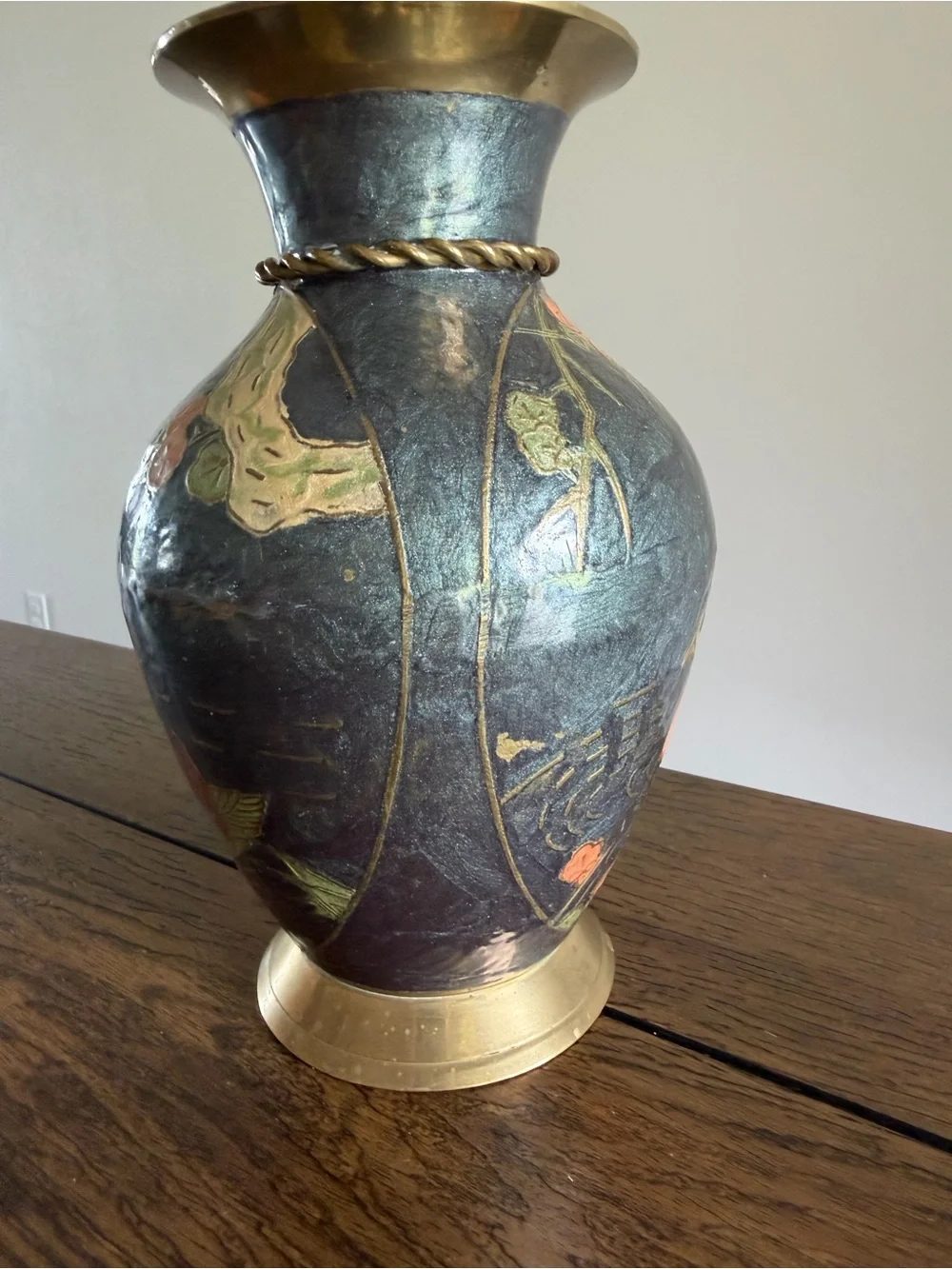 Vintage Brass CLOISONNE VASE Hand Painted 9.5